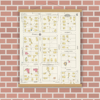 Old map wall art mockup — magnetic wood frame on brick wall — Sanborn Fire Insurance Map from Harvard, McHenry County, Illinois (1922), Sheet #0006