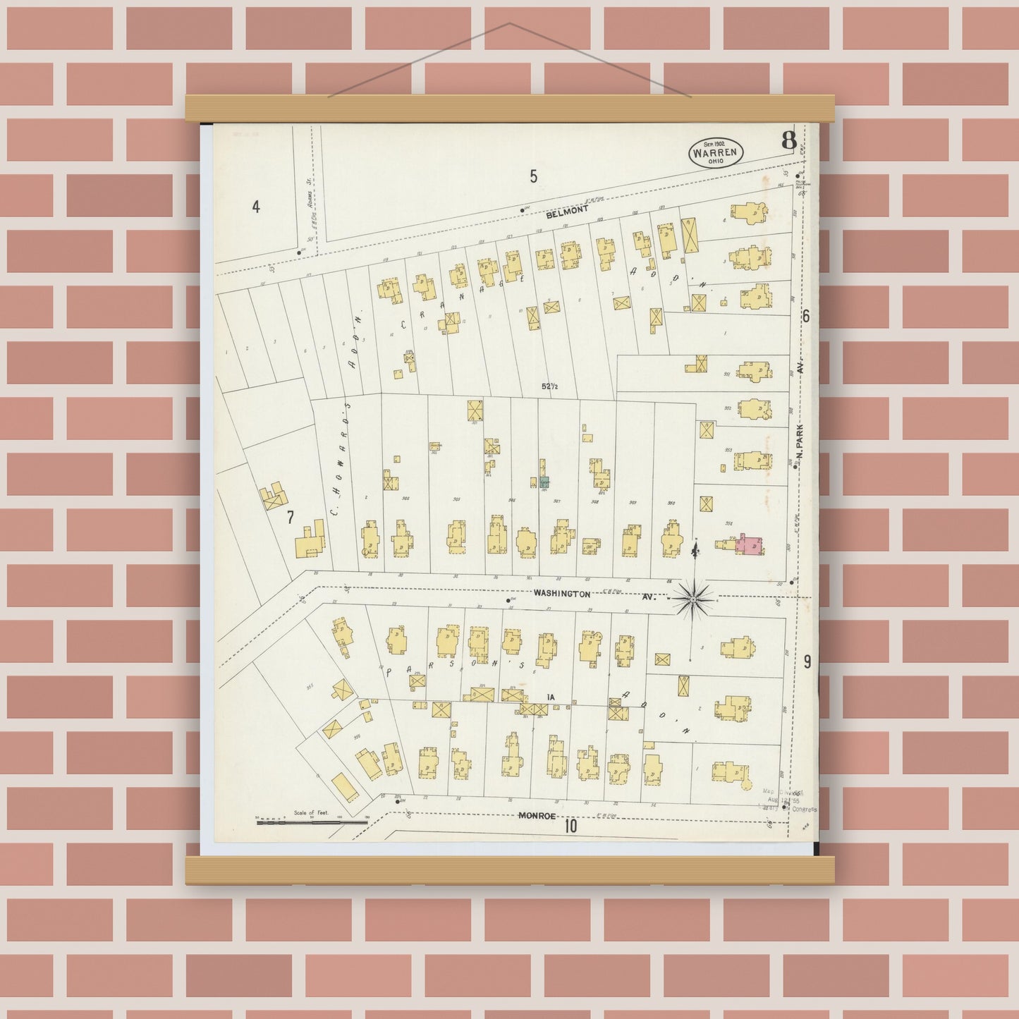 Old map wall art mockup — magnetic wood frame on brick wall — Sanborn Fire Insurance Map from Warren, Trumbull County, Ohio (1902), Sheet #0008