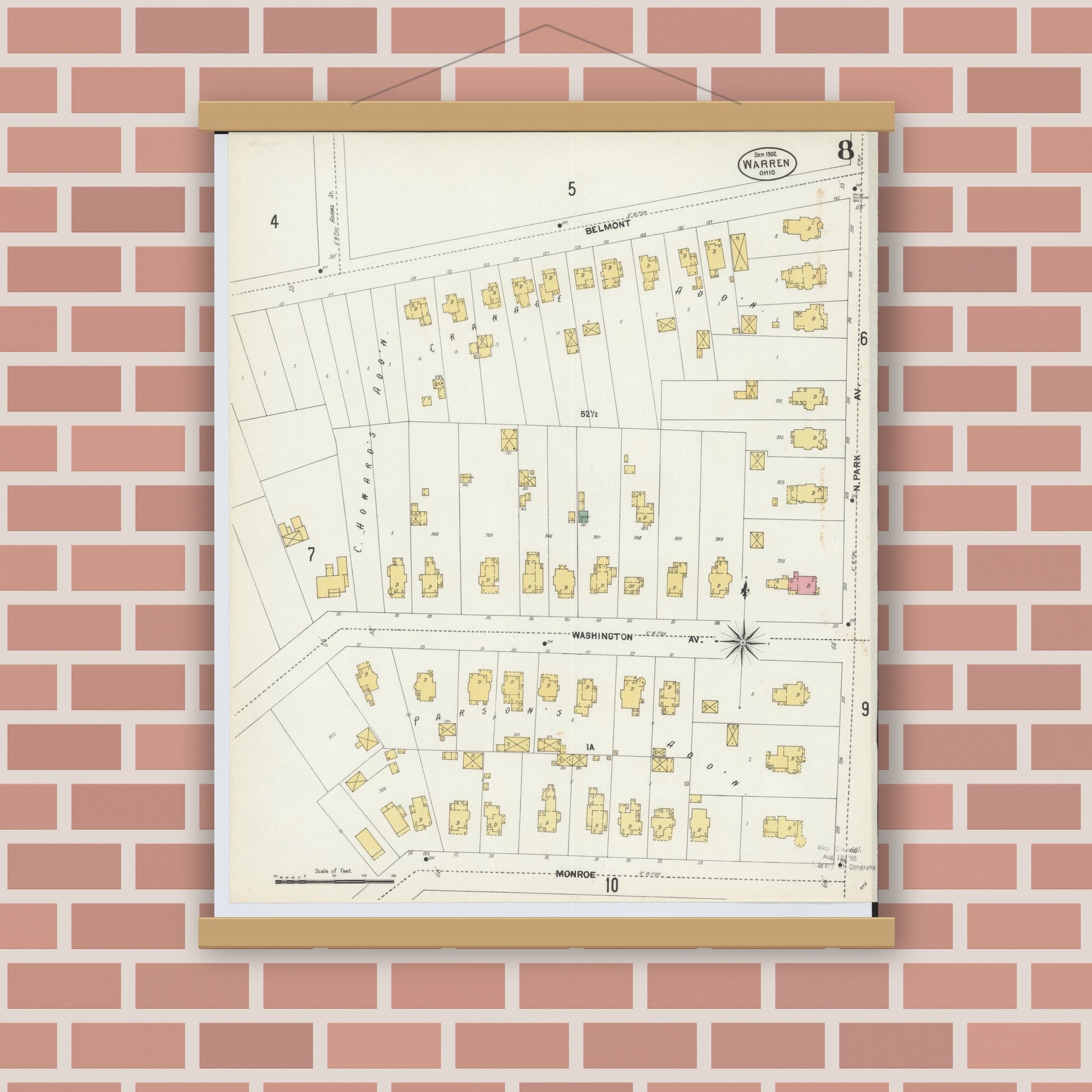 Old map wall art mockup — magnetic wood frame on brick wall — Sanborn Fire Insurance Map from Warren, Trumbull County, Ohio (1902), Sheet #0008