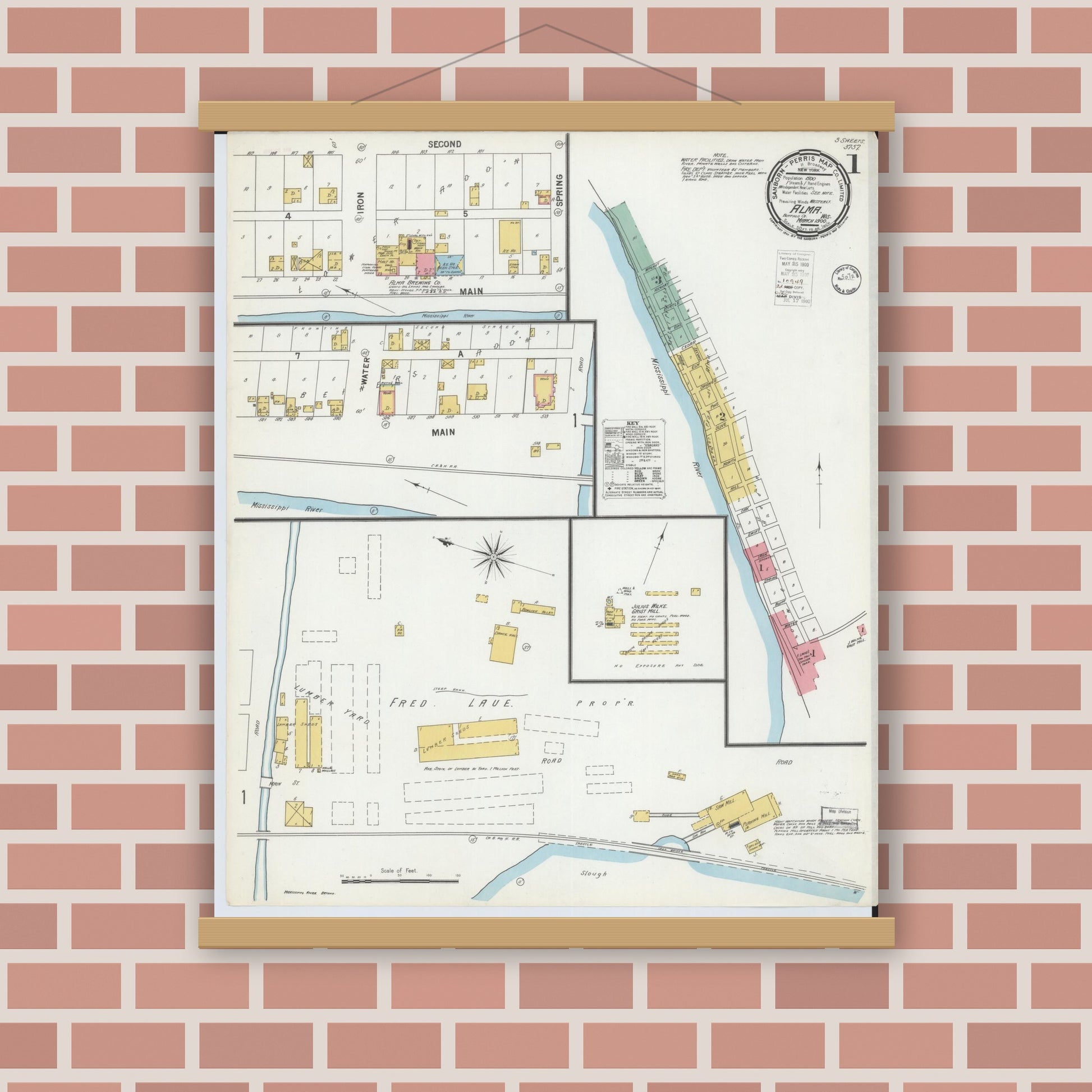 Old map wall art mockup — magnetic wood frame on brick wall — Sanborn Fire Insurance Map from Alma, Buffalo County, Wisconsin (1900), Sheet #0001