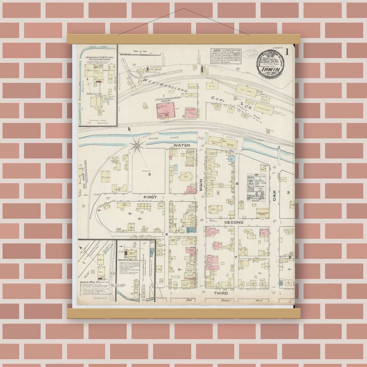 Old map wall art mockup — magnetic wood frame on brick wall — Sanborn Fire Insurance Map from Irwin, Westmoreland County, Pennsylvania (1884), Sheet #0001