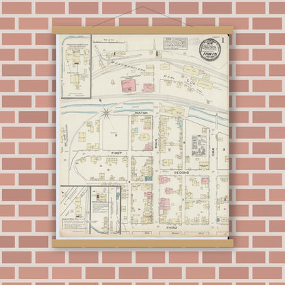 Old map wall art mockup — magnetic wood frame on brick wall — Sanborn Fire Insurance Map from Irwin, Westmoreland County, Pennsylvania (1884), Sheet #0001