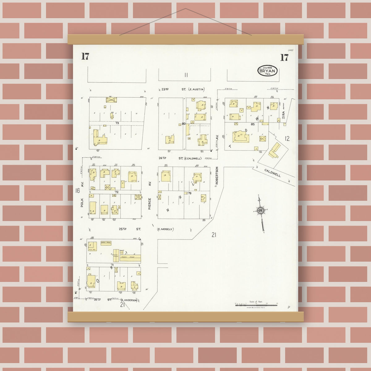 Old map wall art mockup — magnetic wood frame on brick wall — Sanborn Fire Insurance Map from Bryan, Brazos County, Texas (1925), Sheet #0017