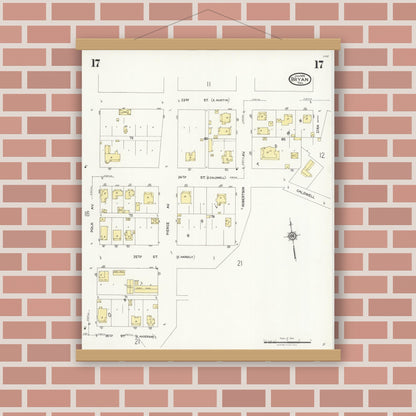 Old map wall art mockup — magnetic wood frame on brick wall — Sanborn Fire Insurance Map from Bryan, Brazos County, Texas (1925), Sheet #0017