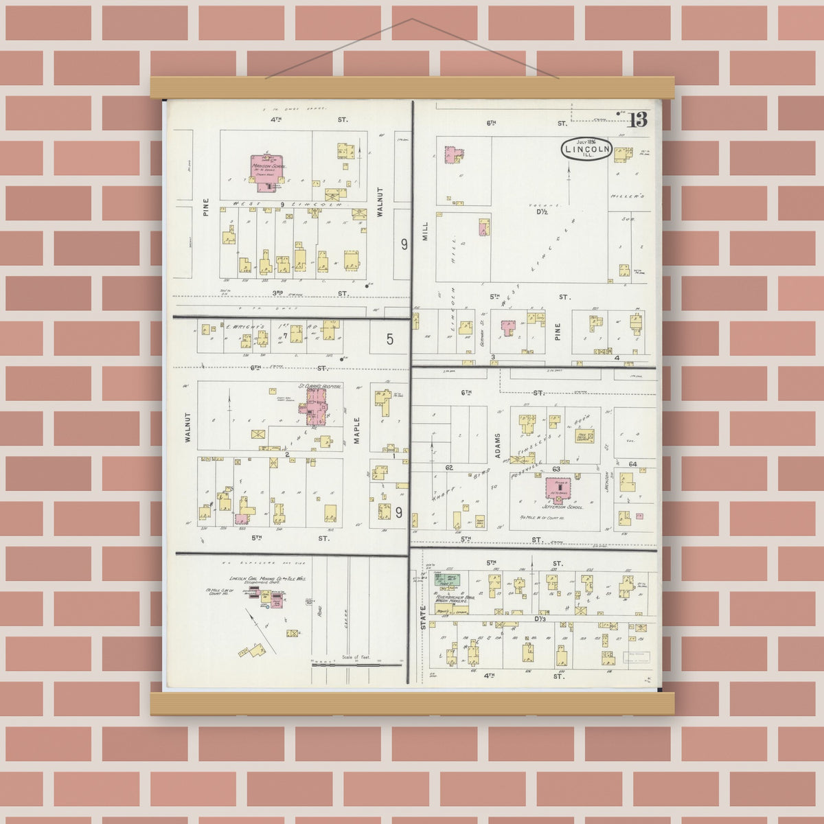 Old map wall art mockup — magnetic wood frame on brick wall — Sanborn Fire Insurance Map from Lincoln, Logan County, Illinois (1896), Sheet #0013