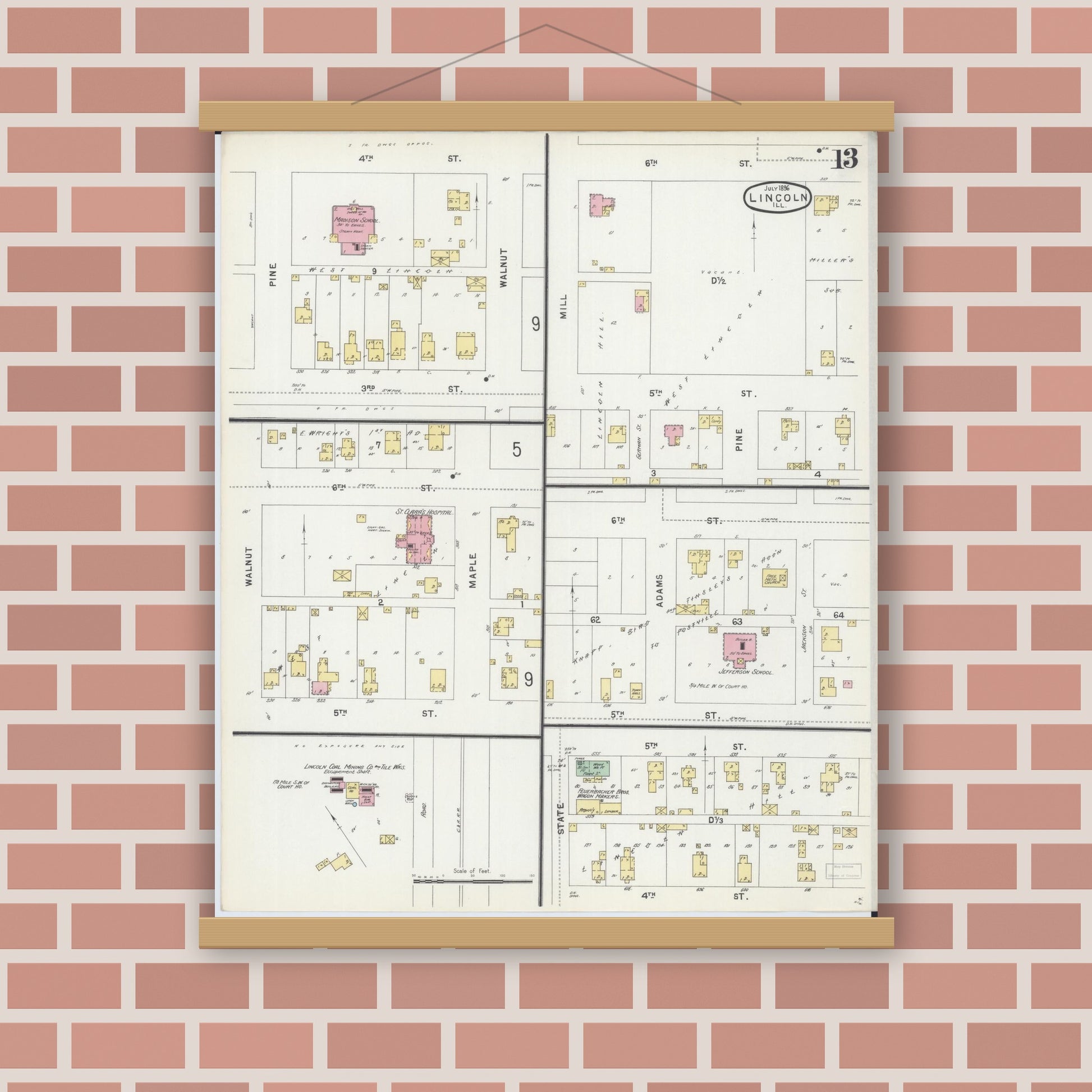 Old map wall art mockup — magnetic wood frame on brick wall — Sanborn Fire Insurance Map from Lincoln, Logan County, Illinois (1896), Sheet #0013