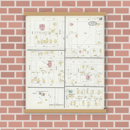 Old map wall art mockup — magnetic wood frame on brick wall — Sanborn Fire Insurance Map from Lincoln, Logan County, Illinois (1896), Sheet #0013