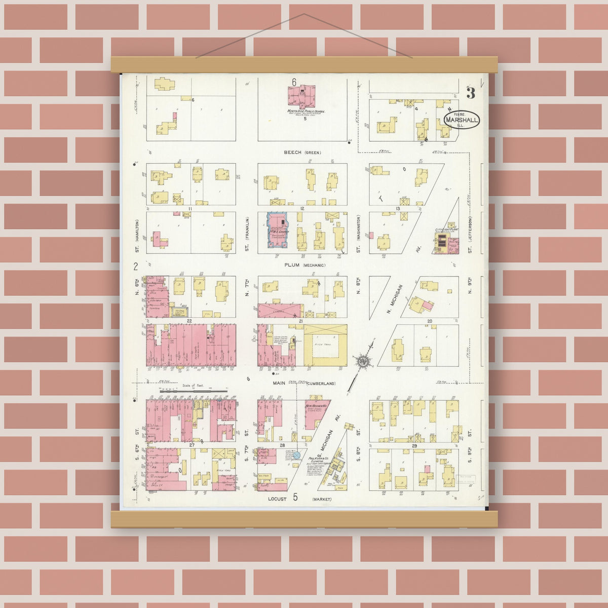Old map wall art mockup — magnetic wood frame on brick wall — Sanborn Fire Insurance Map from Marshall, Clark County, Illinois (1912), Sheet #0003