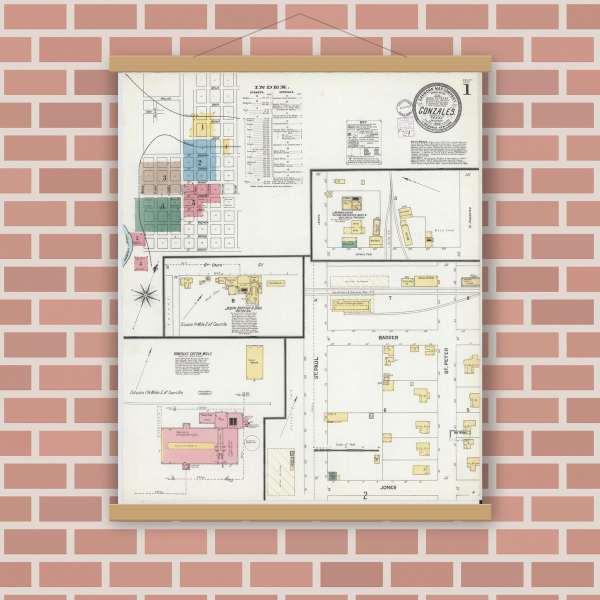 Old map wall art mockup — magnetic wood frame on brick wall — Sanborn Fire Insurance Map from Gonzales, Gonzales County, Texas (1902) - Complete Map Set