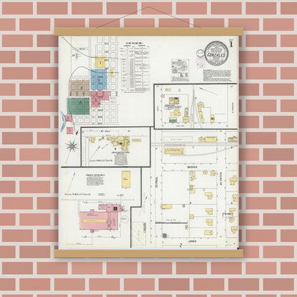 Old map wall art mockup — magnetic wood frame on brick wall — Sanborn Fire Insurance Map from Gonzales, Gonzales County, Texas (1902) - Complete Map Set