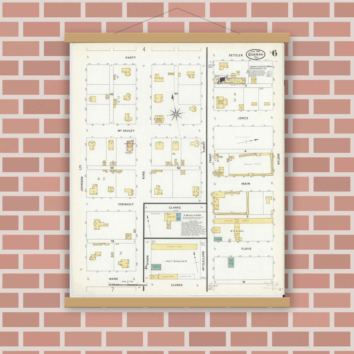 Old map wall art mockup — magnetic wood frame on brick wall — Sanborn Fire Insurance Map from Quanah, Hardeman County, Texas (1908), Sheet #0006