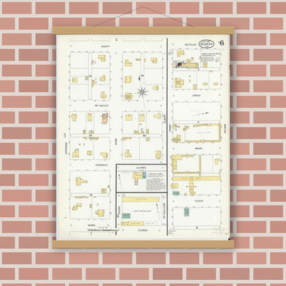 Old map wall art mockup — magnetic wood frame on brick wall — Sanborn Fire Insurance Map from Quanah, Hardeman County, Texas (1908), Sheet #0006