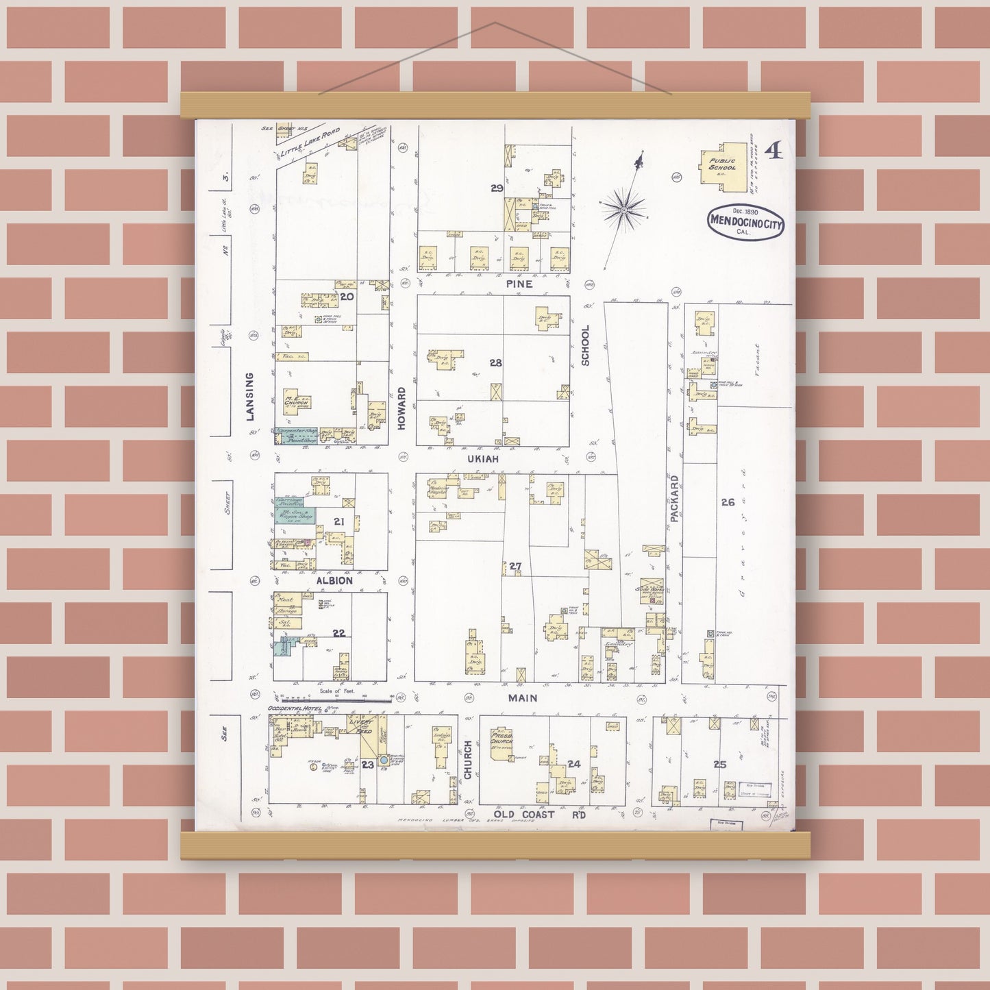 Old map wall art mockup — magnetic wood frame on brick wall — Sanborn Fire Insurance Map from Mendocino, Mendocino County, California (1890), Sheet #0004