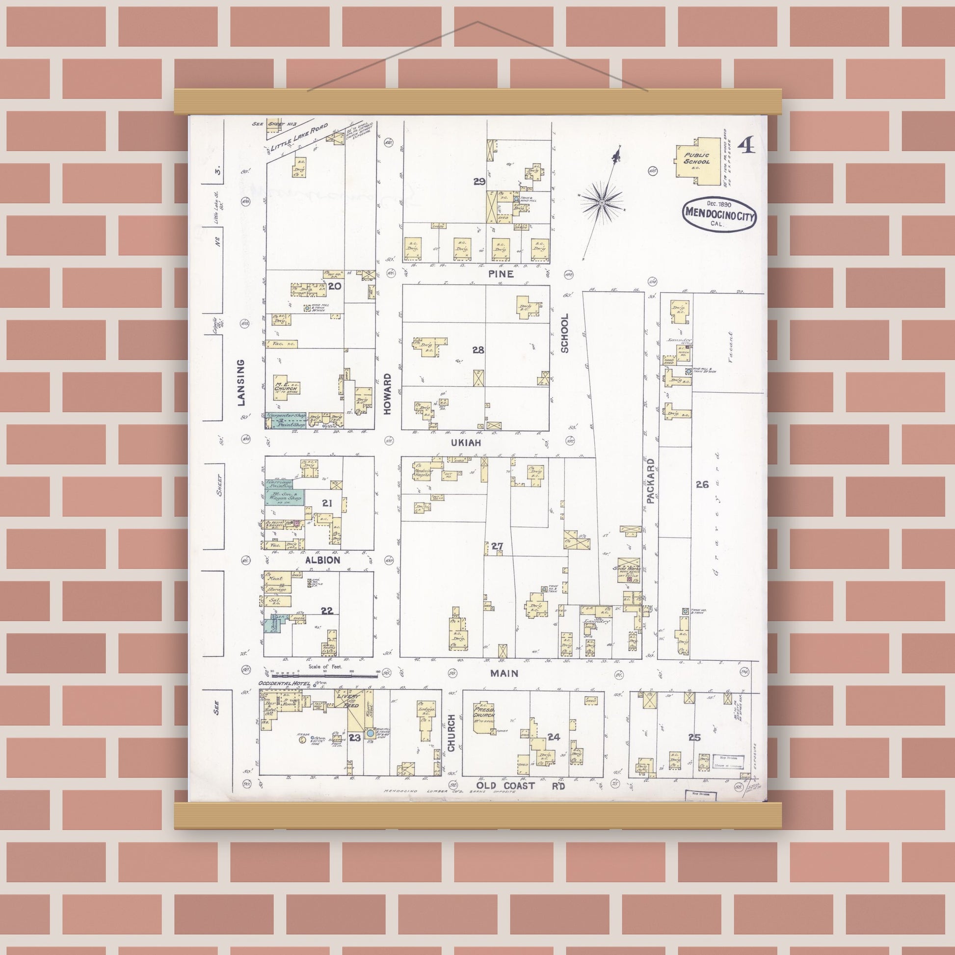 Old map wall art mockup — magnetic wood frame on brick wall — Sanborn Fire Insurance Map from Mendocino, Mendocino County, California (1890), Sheet #0004