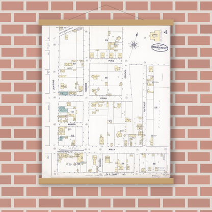 Old map wall art mockup — magnetic wood frame on brick wall — Sanborn Fire Insurance Map from Mendocino, Mendocino County, California (1890), Sheet #0004