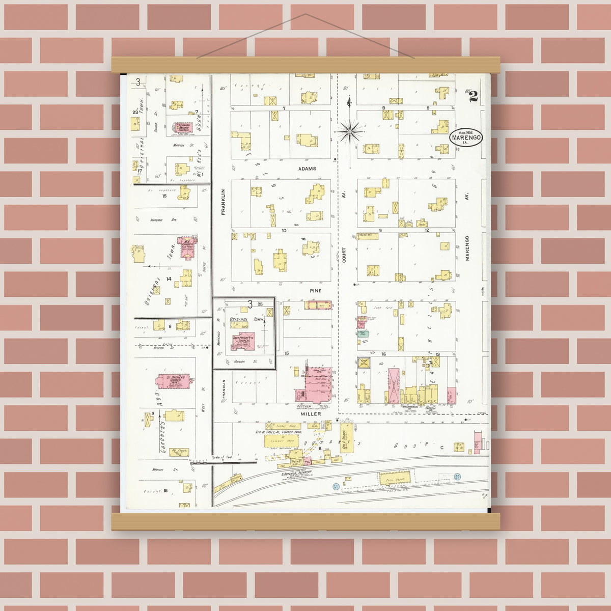 Old map wall art mockup — magnetic wood frame on brick wall — Sanborn Fire Insurance Map from Marengo, Iowa County, Iowa (1906), Sheet #0002