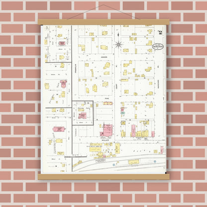 Old map wall art mockup — magnetic wood frame on brick wall — Sanborn Fire Insurance Map from Marengo, Iowa County, Iowa (1906), Sheet #0002