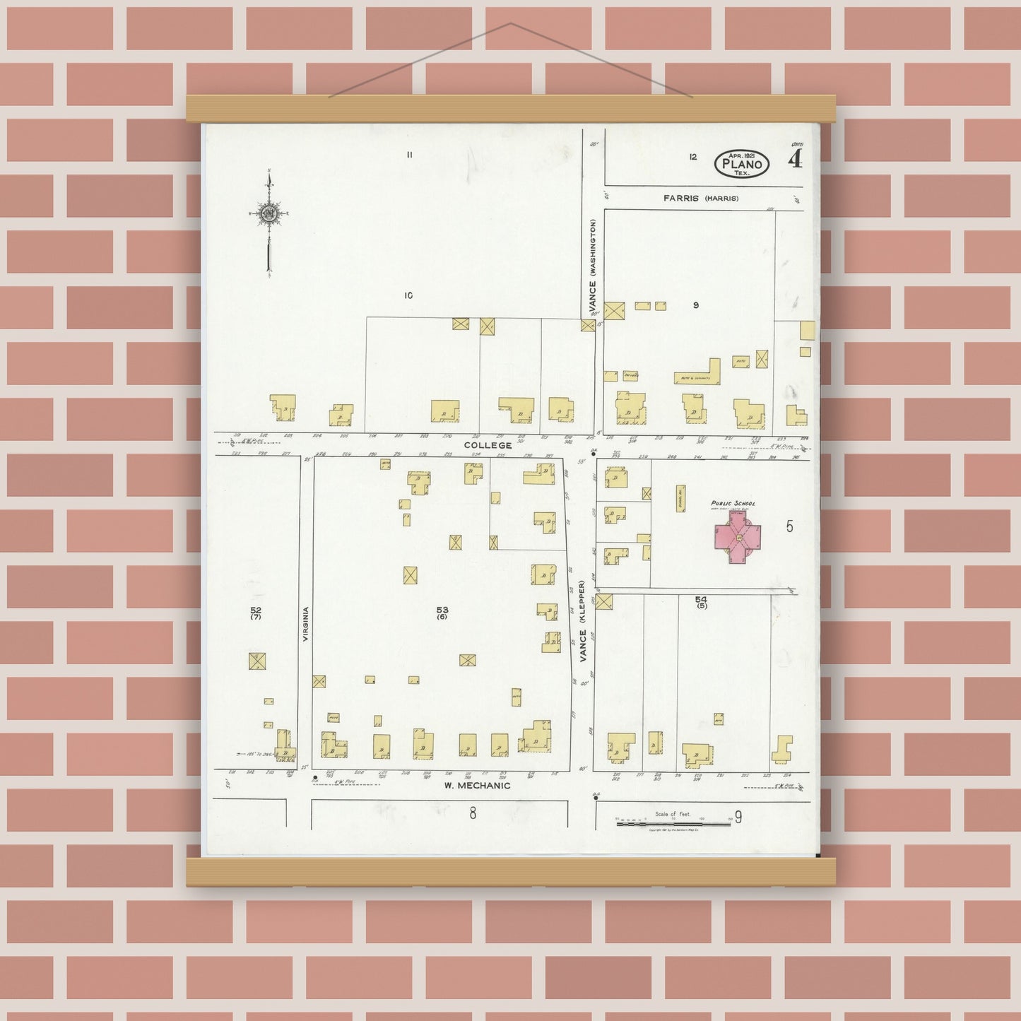 Old map wall art mockup — magnetic wood frame on brick wall — Sanborn Fire Insurance Map from Plano, Collin County, Texas (1921), Sheet #0004