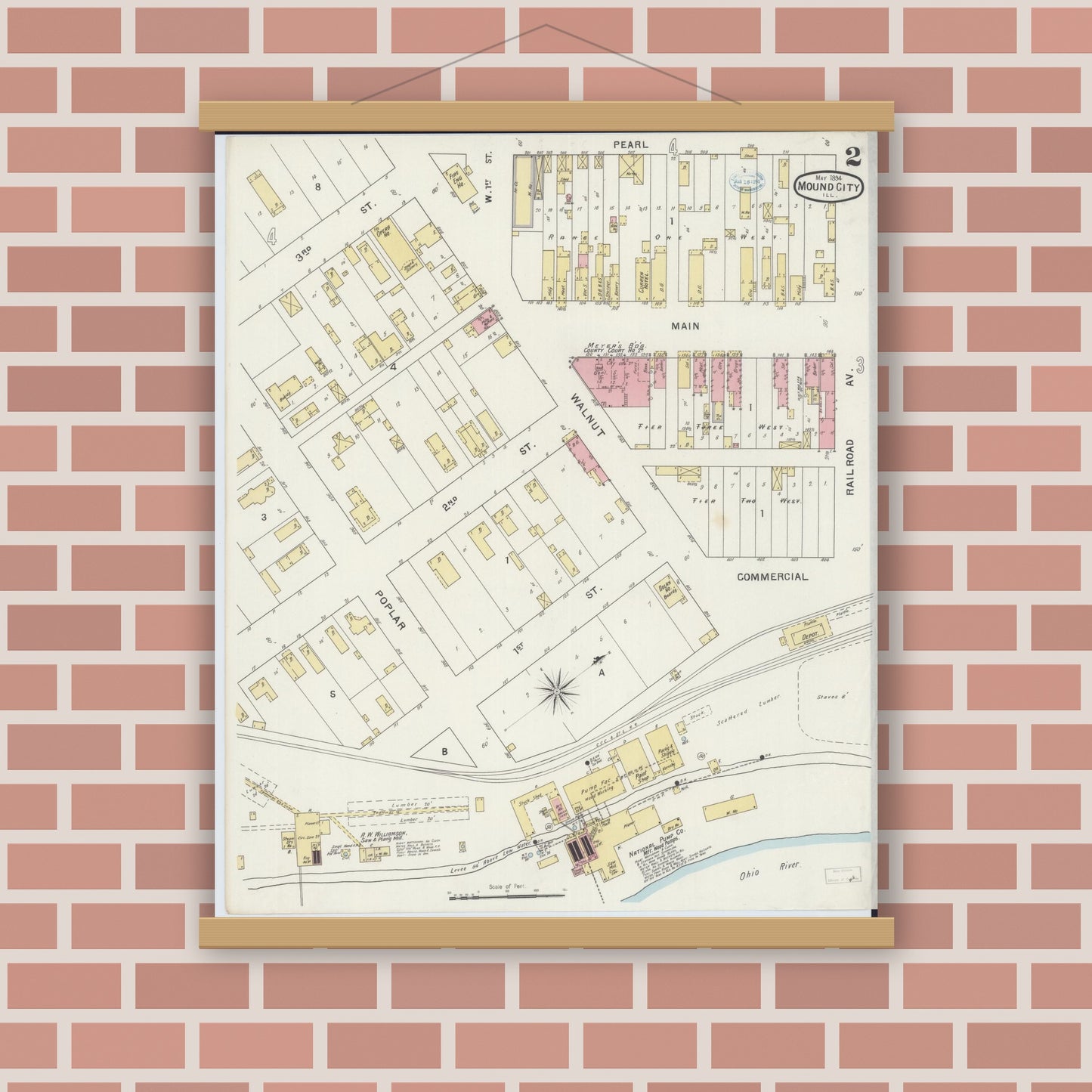 Old map wall art mockup — magnetic wood frame on brick wall — Sanborn Fire Insurance Map from Mound City, Pulaski County, Illinois (1894), Sheet #0002