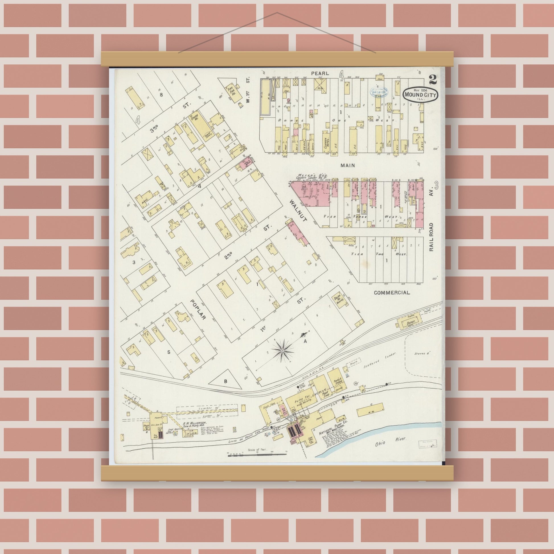 Old map wall art mockup — magnetic wood frame on brick wall — Sanborn Fire Insurance Map from Mound City, Pulaski County, Illinois (1894), Sheet #0002