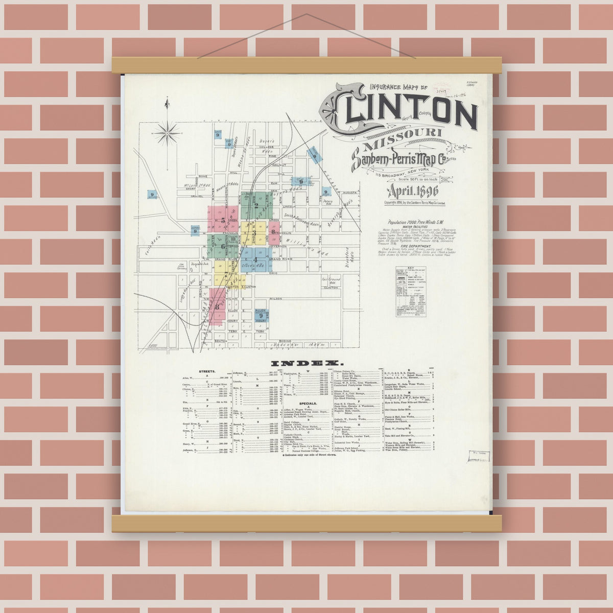 Old map wall art mockup — magnetic wood frame on brick wall — Sanborn Fire Insurance Map from Clinton, Henry County, Missouri (1896) - Complete Map Set