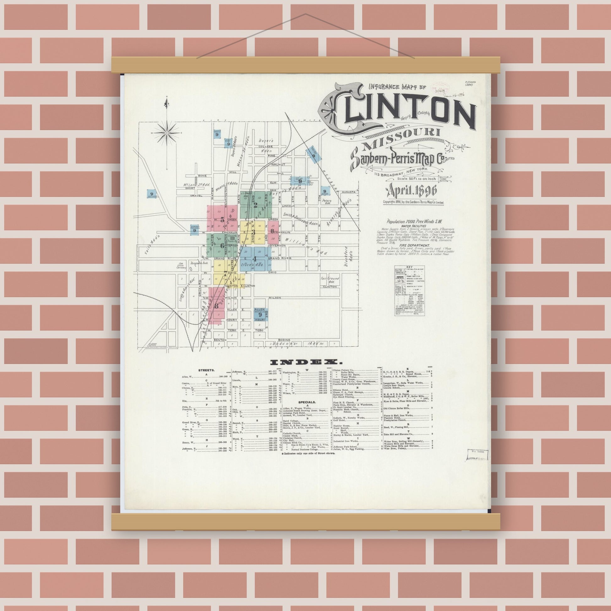 Old map wall art mockup — magnetic wood frame on brick wall — Sanborn Fire Insurance Map from Clinton, Henry County, Missouri (1896) - Complete Map Set