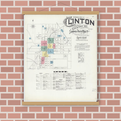Old map wall art mockup — magnetic wood frame on brick wall — Sanborn Fire Insurance Map from Clinton, Henry County, Missouri (1896) - Complete Map Set