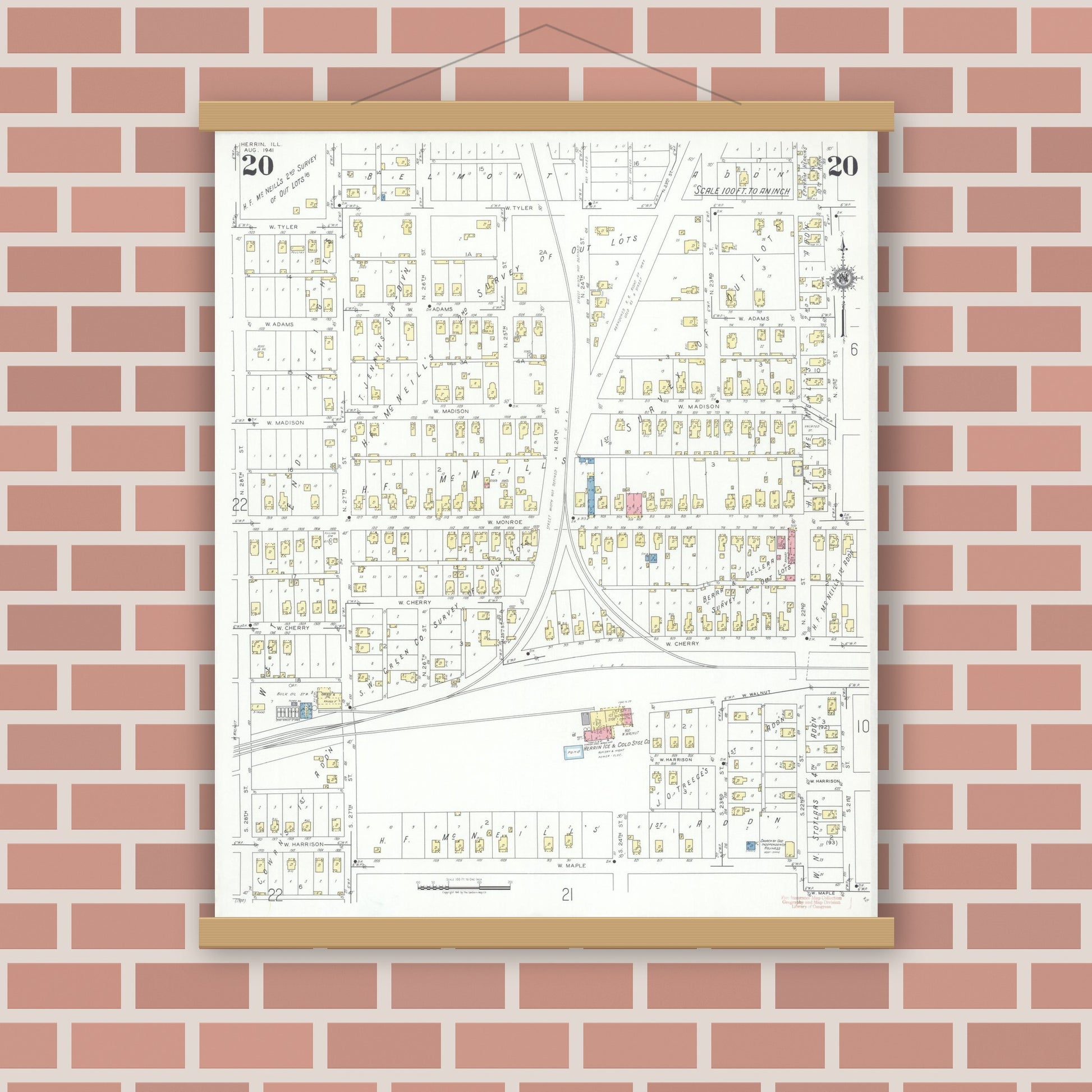 Old map wall art mockup — magnetic wood frame on brick wall — Sanborn Fire Insurance Map from Herrin, Williamson County, Illinois (1941), Sheet #0020