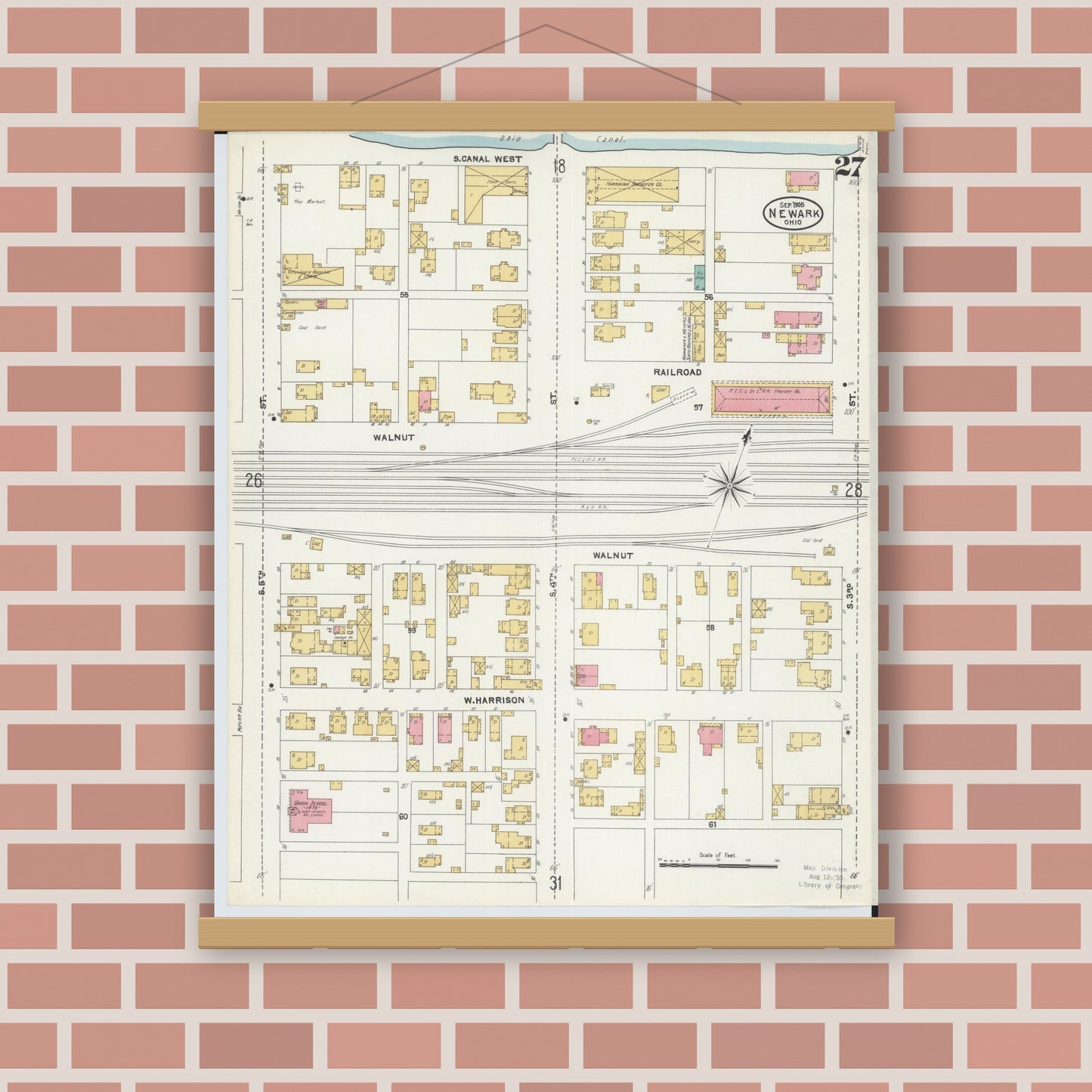 Old map wall art mockup — magnetic wood frame on brick wall — Sanborn Fire Insurance Map from Newark, Licking County, Ohio (1905), Sheet #0027