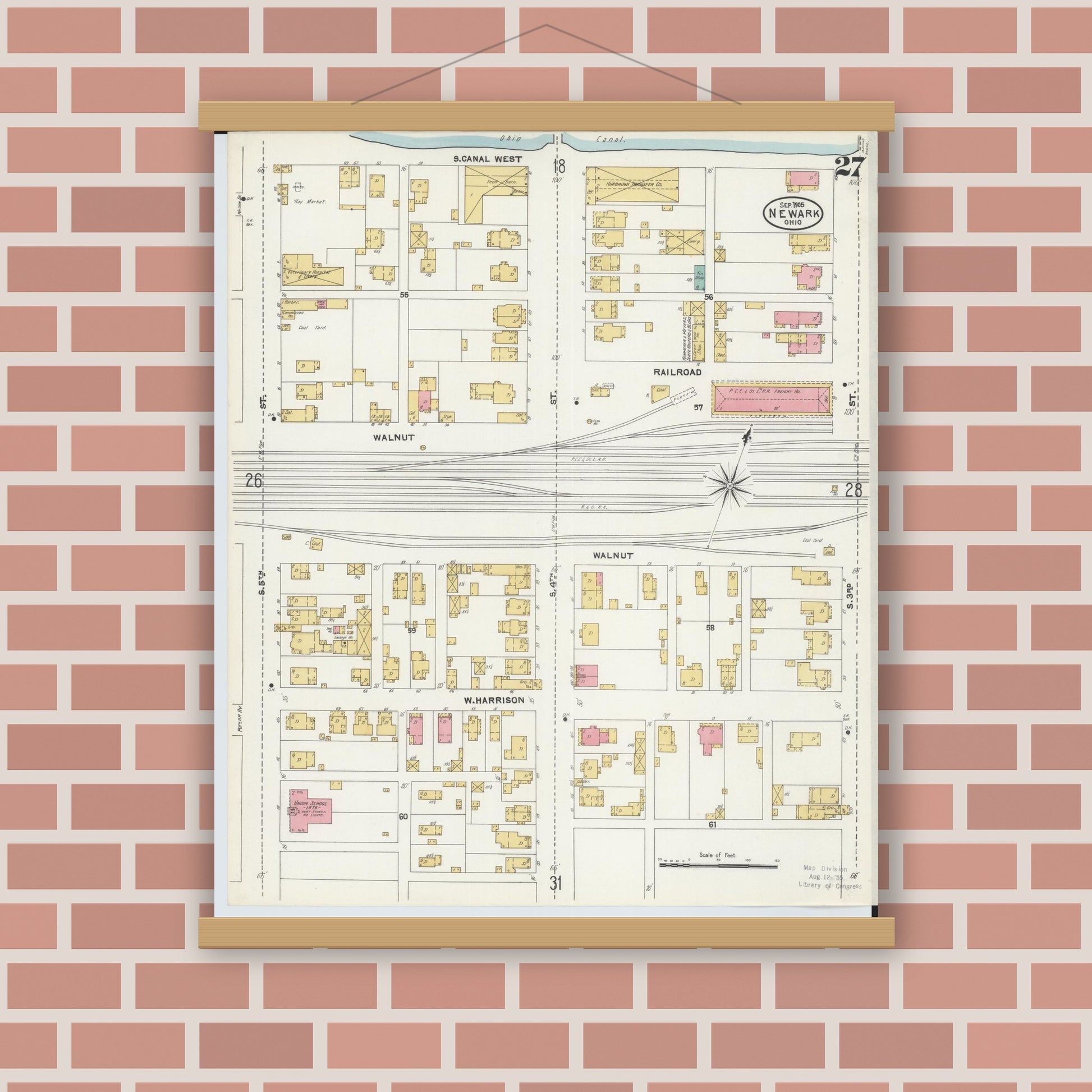 Old map wall art mockup — magnetic wood frame on brick wall — Sanborn Fire Insurance Map from Newark, Licking County, Ohio (1905), Sheet #0027
