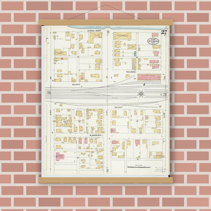 Old map wall art mockup — magnetic wood frame on brick wall — Sanborn Fire Insurance Map from Newark, Licking County, Ohio (1905), Sheet #0027