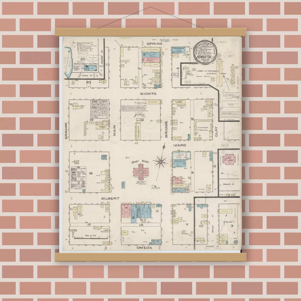 Old map wall art mockup — magnetic wood frame on brick wall — Sanborn Fire Insurance Map from Henrietta, Clay County, Texas (1885), Sheet #0001