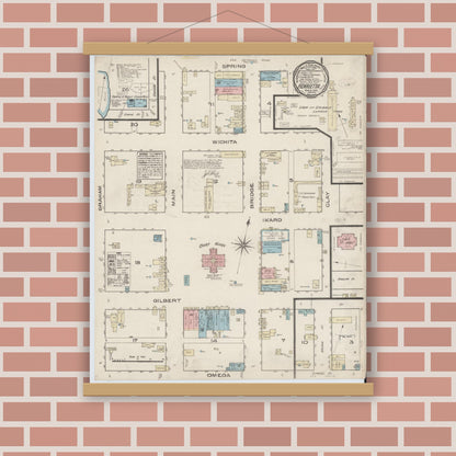 Old map wall art mockup — magnetic wood frame on brick wall — Sanborn Fire Insurance Map from Henrietta, Clay County, Texas (1885), Sheet #0001
