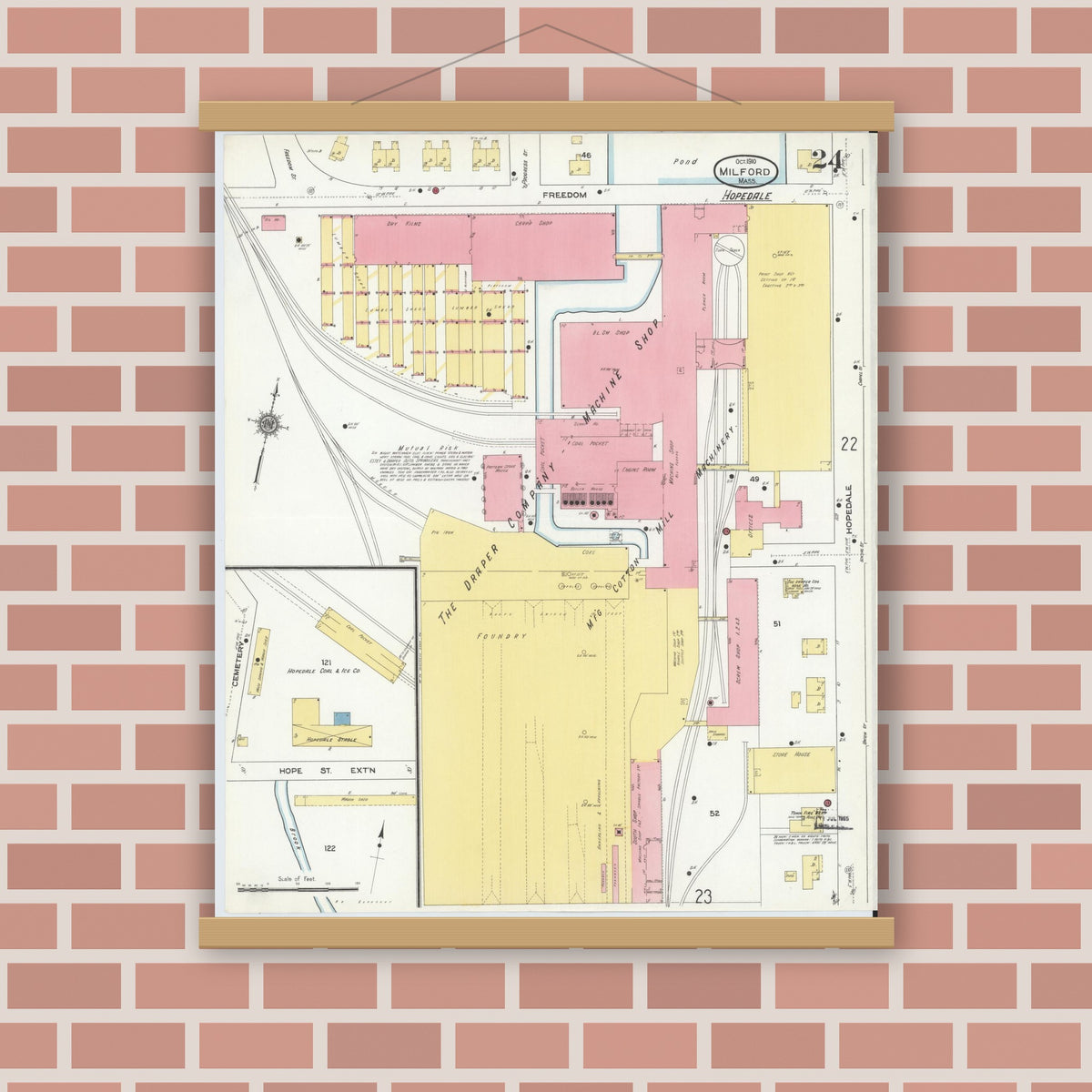Old map wall art mockup — magnetic wood frame on brick wall — Sanborn Fire Insurance Map from Milford, Worcester County, Massachusetts (1910), Sheet #0024