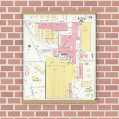 Old map wall art mockup — magnetic wood frame on brick wall — Sanborn Fire Insurance Map from Milford, Worcester County, Massachusetts (1910), Sheet #0024