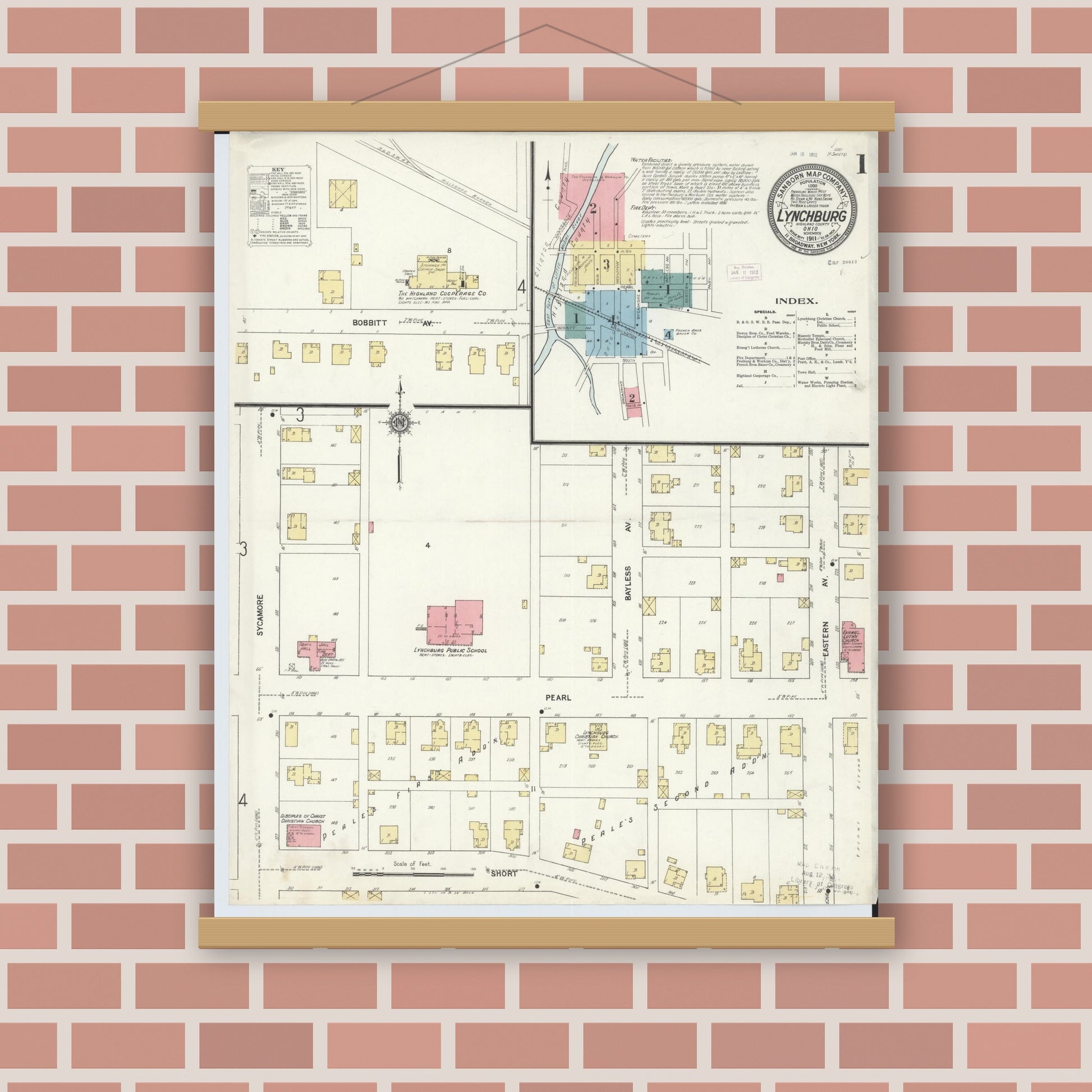 Old map wall art mockup — magnetic wood frame on brick wall — Sanborn Fire Insurance Map from Lynchburg, Highland County, Ohio (1911), Sheet #0001