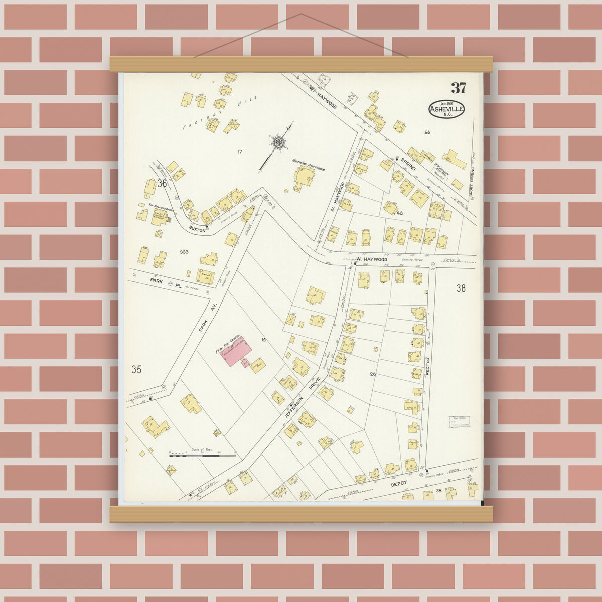 Old map wall art mockup — magnetic wood frame on brick wall — Sanborn Fire Insurance Map from Asheville, Buncombe County, North Carolina (1913), Sheet #0037