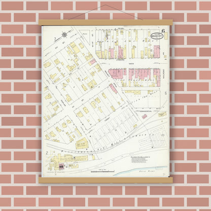 Old map wall art mockup — magnetic wood frame on brick wall — Sanborn Fire Insurance Map from Mound City, Pulaski County, Illinois (1914), Sheet #0006