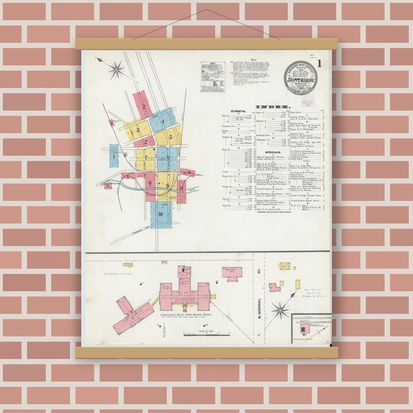 Old map wall art mockup — magnetic wood frame on brick wall — Sanborn Fire Insurance Map from Shippensburg, Cumberland And Franklin Counties, Pennsylvania (1904) - Complete Map Set