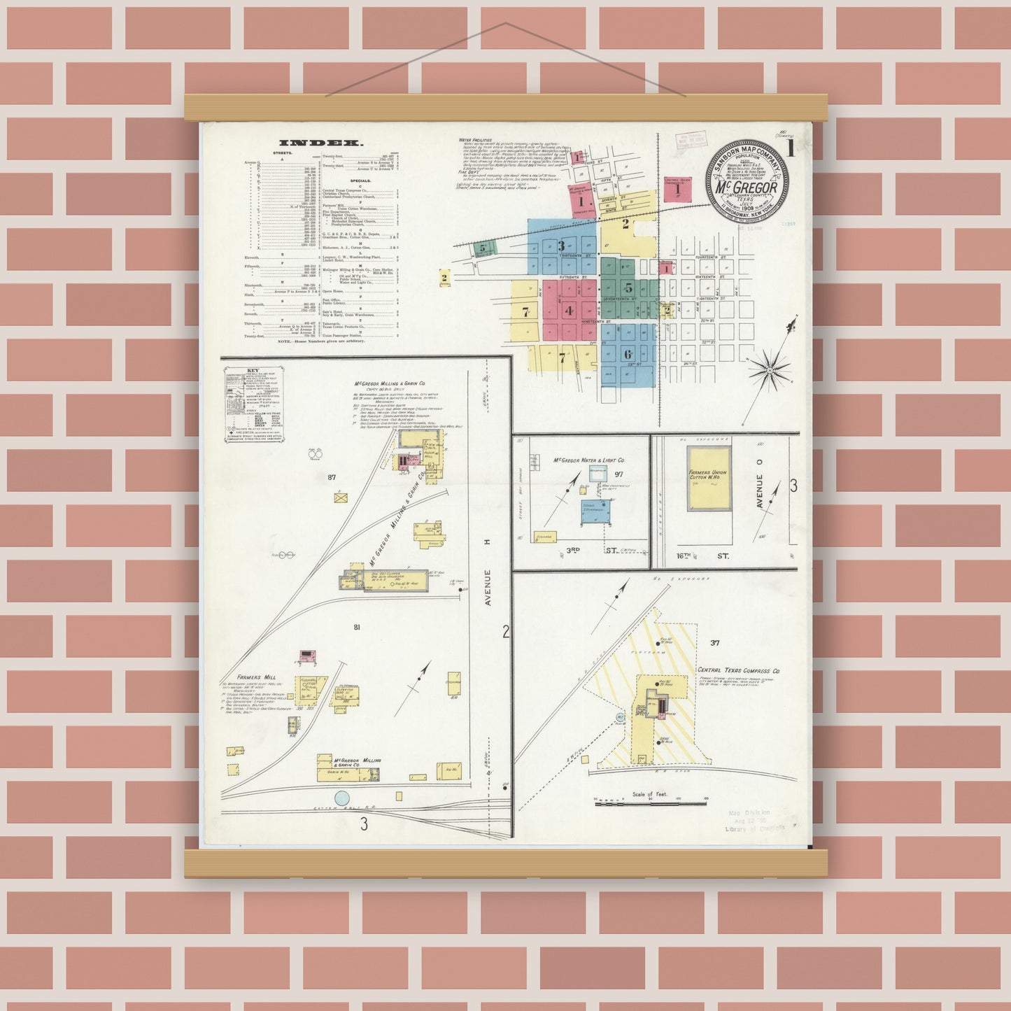 Old map wall art mockup — magnetic wood frame on brick wall — Sanborn Fire Insurance Map from McGregor, McLennan County, Texas (1909) - Complete Map Set