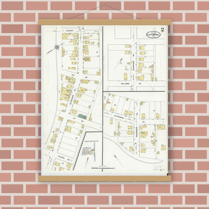 Old map wall art mockup — magnetic wood frame on brick wall — Sanborn Fire Insurance Map from Glen Campbell, Indiana County, Pennsylvania (1910), Sheet #0002