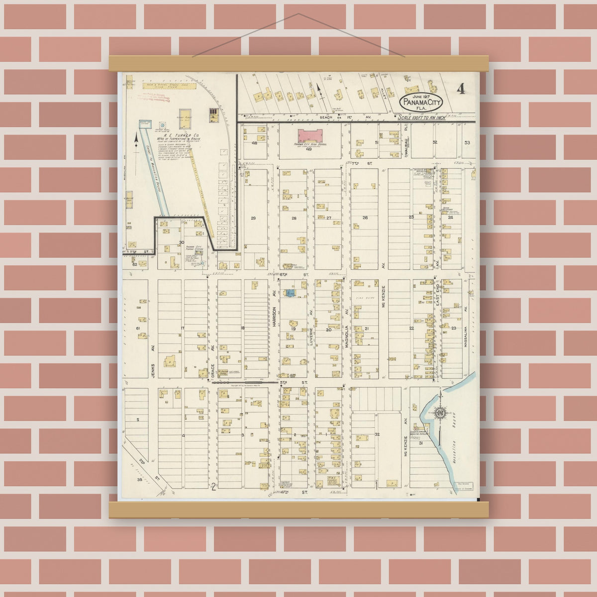 Old map wall art mockup — magnetic wood frame on brick wall — Sanborn Fire Insurance Map from Panama City, Bay County, Florida (1917), Sheet #0004