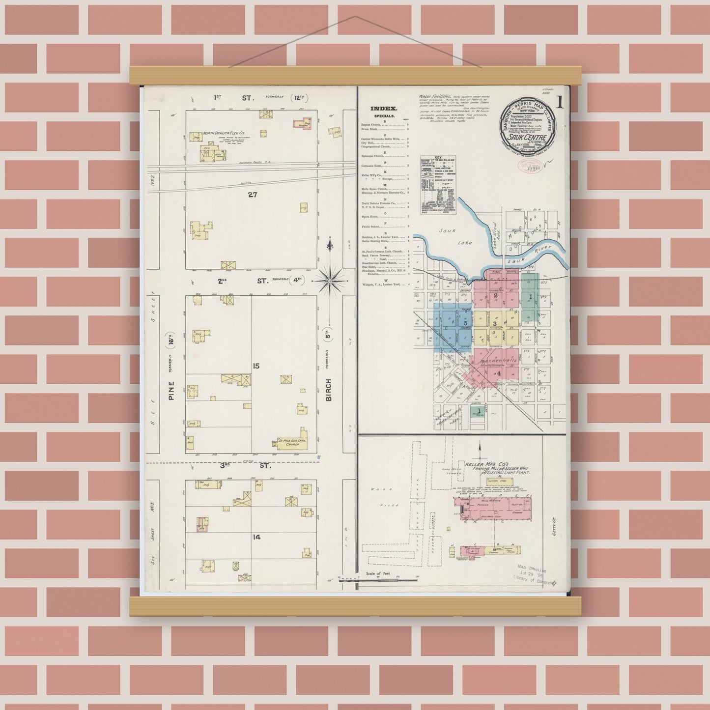 Old map wall art mockup — magnetic wood frame on brick wall — Sanborn Fire Insurance Map from Sauk Centre, Stearns County, Minnesota (1890) - Complete Map Set