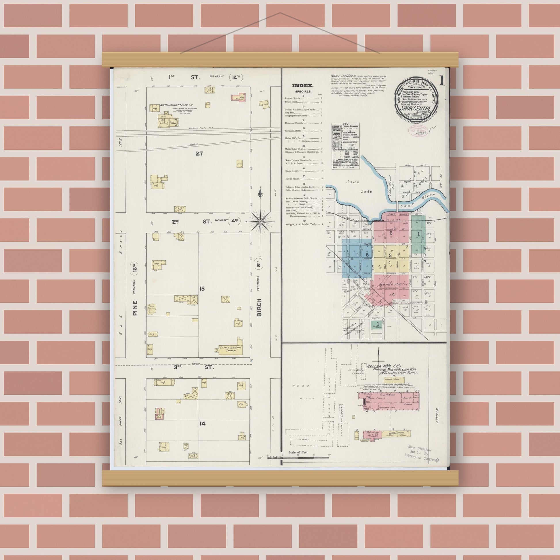 Old map wall art mockup — magnetic wood frame on brick wall — Sanborn Fire Insurance Map from Sauk Centre, Stearns County, Minnesota (1890) - Complete Map Set