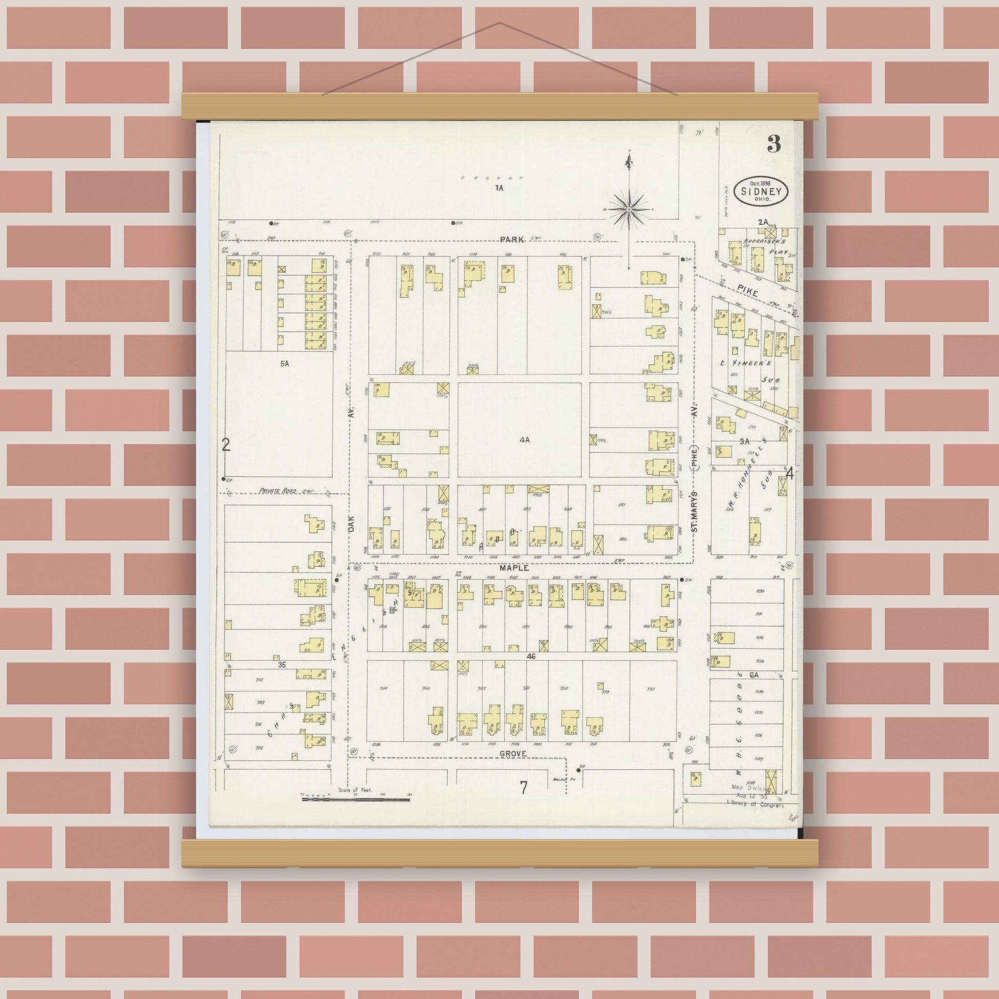 Old map wall art mockup — magnetic wood frame on brick wall — Sanborn Fire Insurance Map from Sidney, Shelby County, Ohio (1898), Sheet #0003