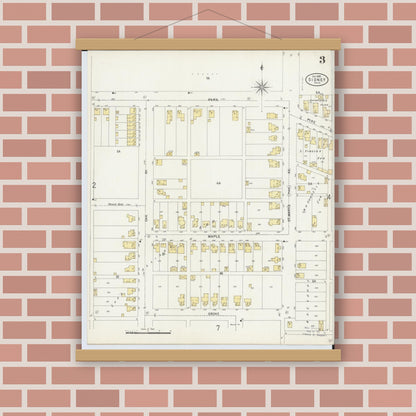 Old map wall art mockup — magnetic wood frame on brick wall — Sanborn Fire Insurance Map from Sidney, Shelby County, Ohio (1898), Sheet #0003