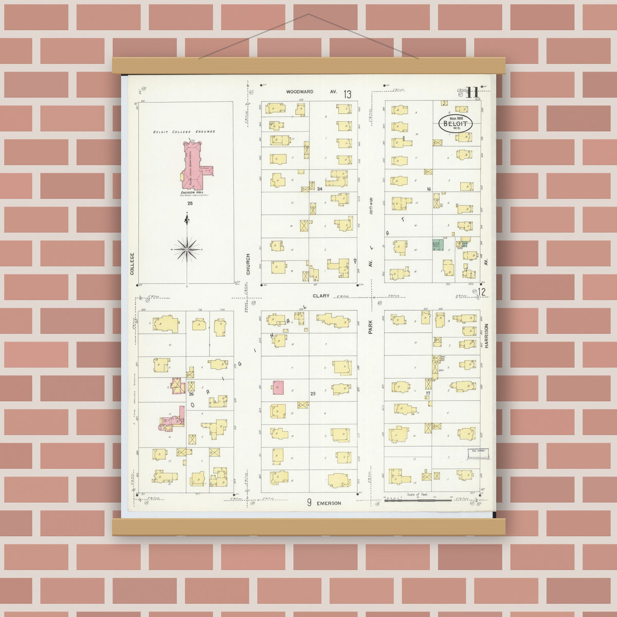 Old map wall art mockup — magnetic wood frame on brick wall — Sanborn Fire Insurance Map from Beloit, Rock County, Wisconsin (1908), Sheet #0011