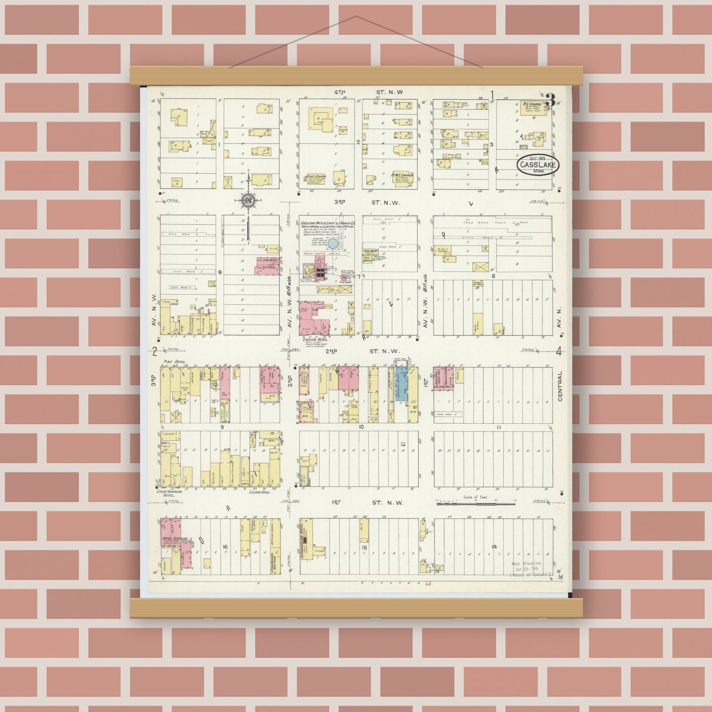 Old map wall art mockup — magnetic wood frame on brick wall — Sanborn Fire Insurance Map from Cass Lake, Cass County, Minnesota (1913), Sheet #0003