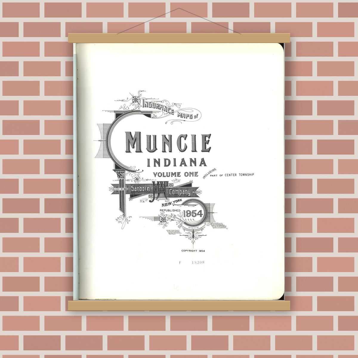 Old map wall art mockup — magnetic wood frame on brick wall — Sanborn Fire Insurance Map from Muncie, Delaware County, Indiana (1954), Sheet #0001