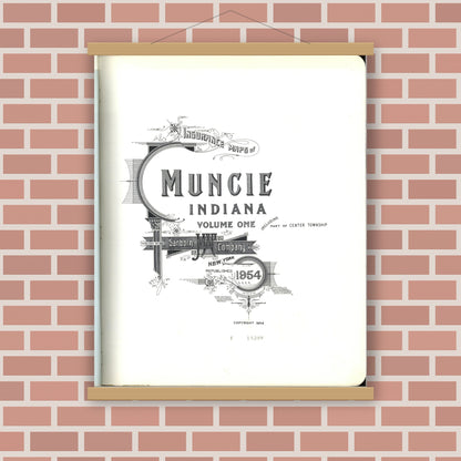 Old map wall art mockup — magnetic wood frame on brick wall — Sanborn Fire Insurance Map from Muncie, Delaware County, Indiana (1954), Sheet #0001